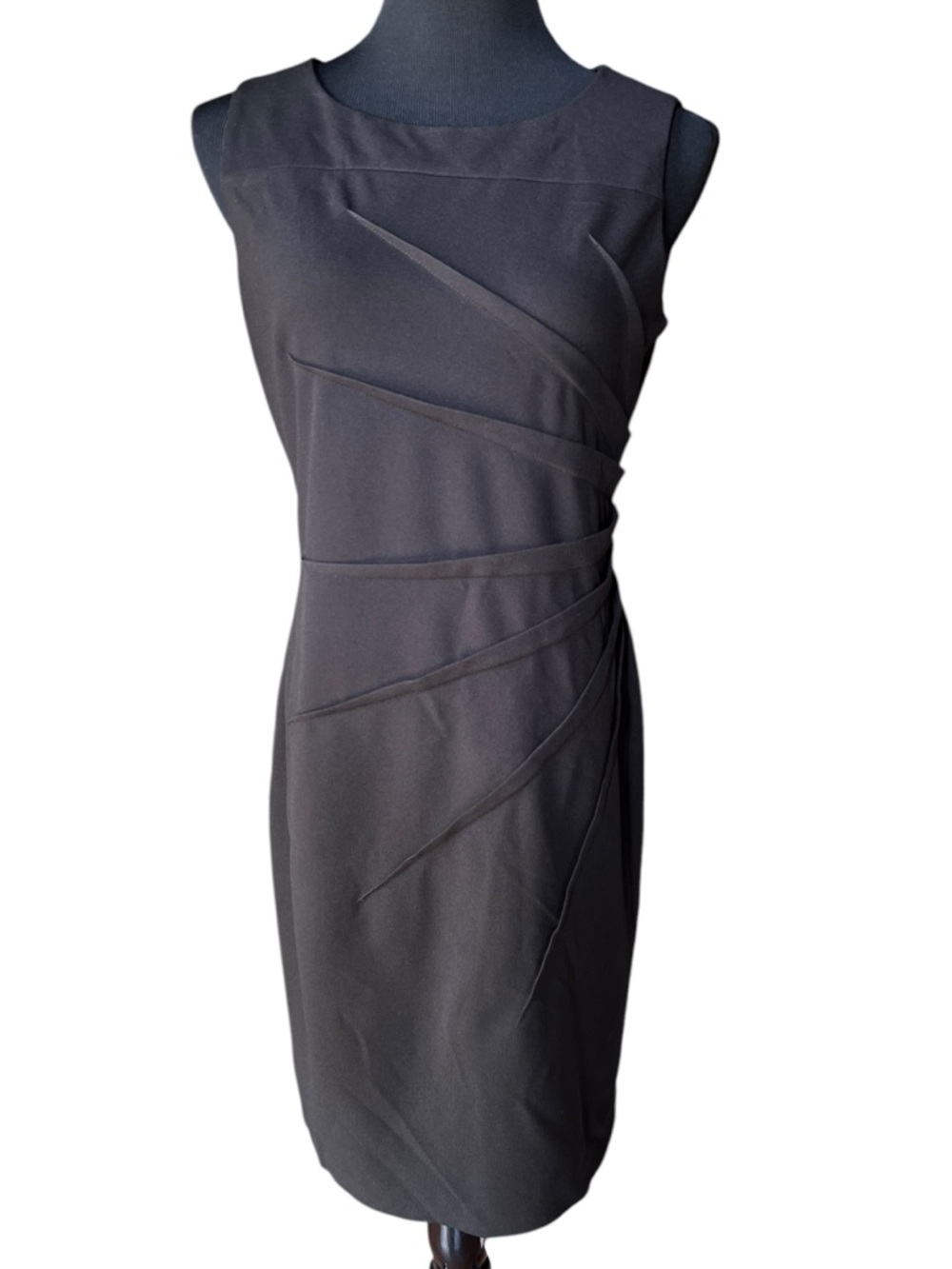 Calvin Klein Black Sheath Dress Size 10 Sleeveless Ruched Pleated Cocktail Midi